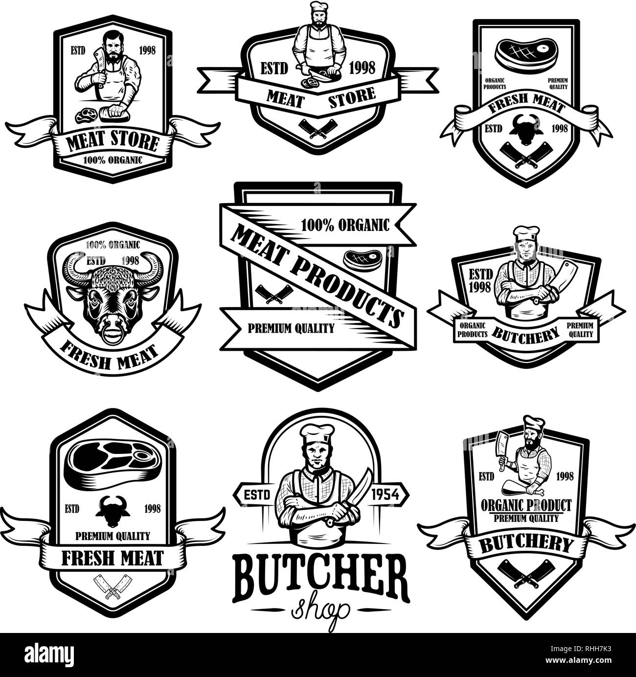 Set of vintage meat store labels. Design element for logo, emblem, sign, poster. Vector illustration Stock Vector