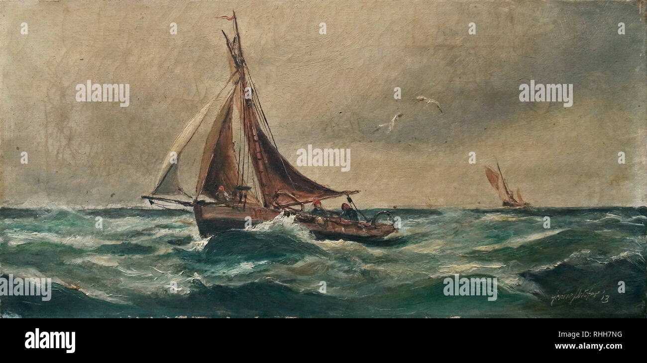 AJAXNETPHOTO. 2012. SOUTHAMPTON, ENGLAND. - HENRIE PITCHER ART - SEASCAPE MARINE OIL ON CANVAS DEPICTING SMALL GAFF RIGGED CUTTER REACHING UNDER FULL SAIL IN ROUGH SEA OFF THE COAST WITH GULLS AND ANOTHER VESSEL DISTANT. SIGNED BY THE ARTIST AND DATED '13. EARLY 20TH CENTURY BRITISH SCHOOL. ACTIVE 1880-1904. SOURCE:PRIVATE COLLECTION. PHOTO:JONATHAN EASTLAND/AJAX REF:GR71320 Stock Photo