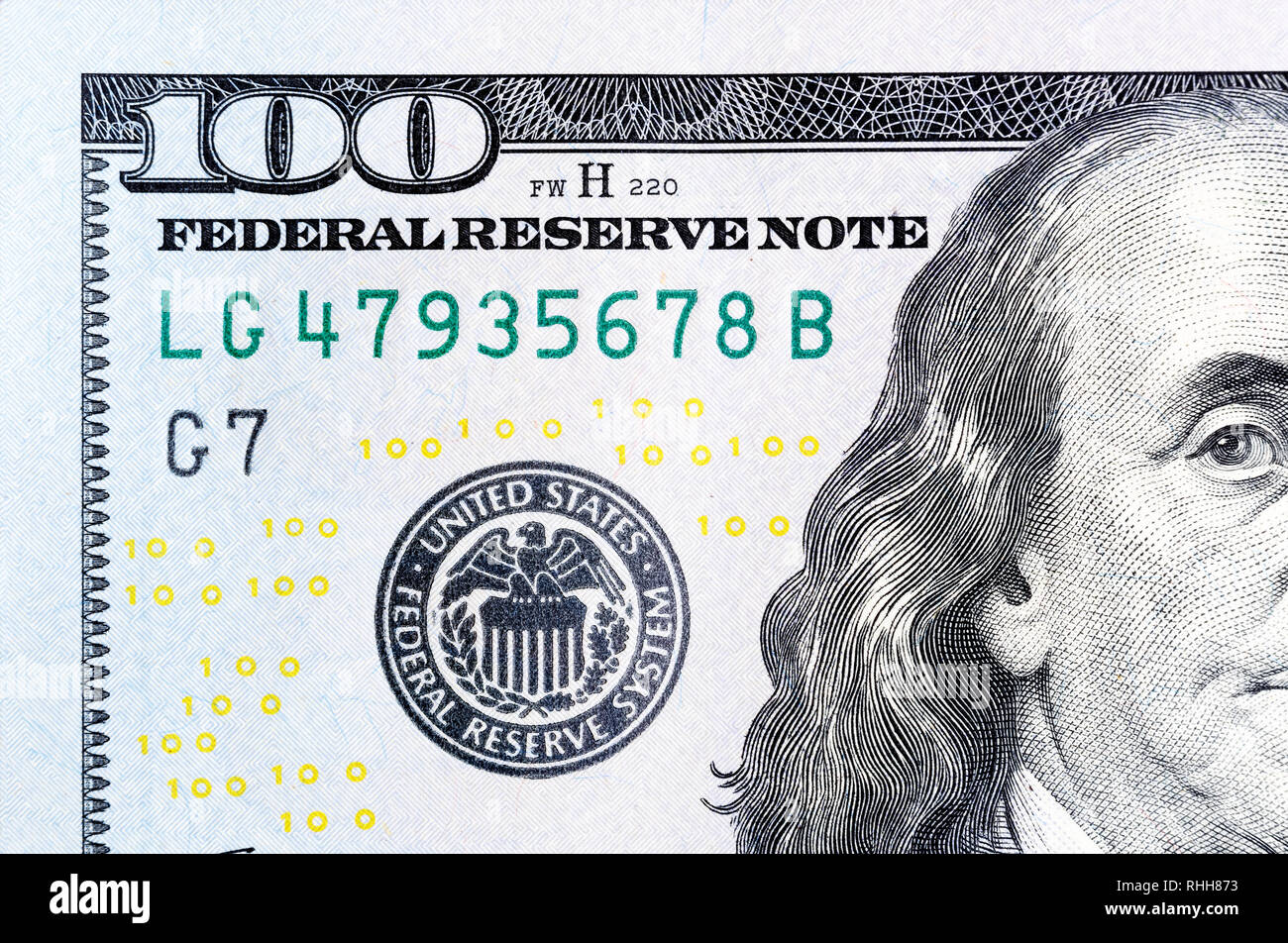 Macro shot of a 100 dollar bill on macro. Stock Photo