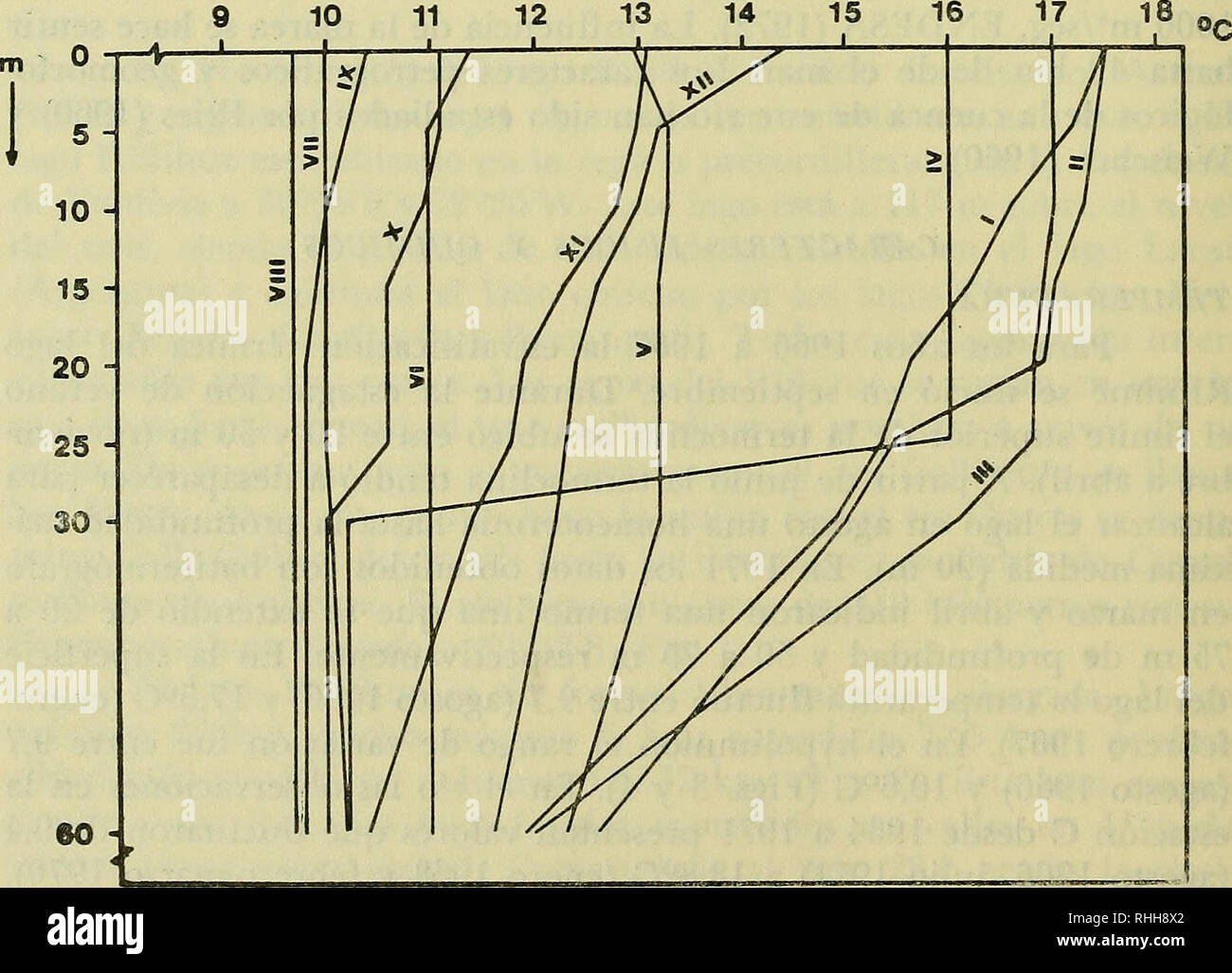 . Boletin de la Sociedad de Biología de Concepción. Sociedad de Biología de Concepción; Biology; Biology. Bol. Soc. Biol. de Concepción, XLVIII, 1974. (febrero 1963). Durante 1970 a 1971 se estudió mensualmente el área del río desde Pishuinco (estación C) hasta Corral (estación I). En este ciclo los rangos generales de temperatura están dentro de los men- cionados anteriormente. Desde la estación E hasta Corral la tempe- ratura es influenciada por la del agua de mar que penetra por efecto de las mareas en este sector del río (Fig. 6), creando condiciones tér- micas diferentes del resto. En tod Stock Photo