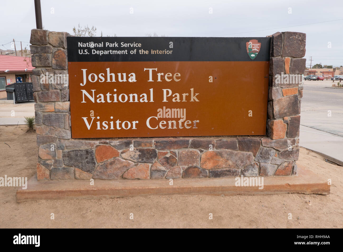 Joshua tree national park visitor center sign in california usa stock