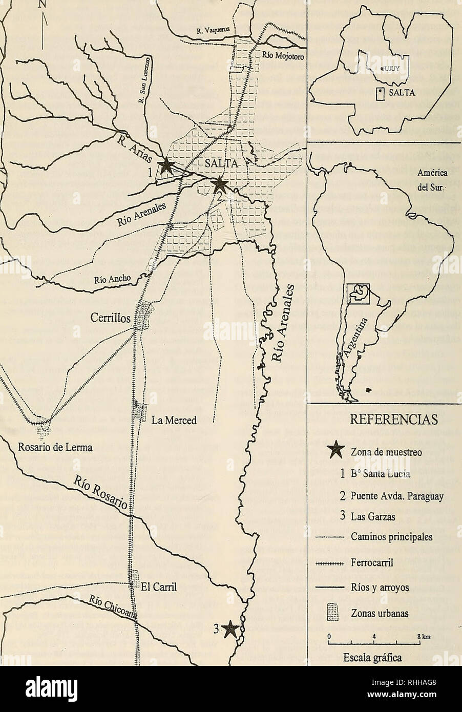 . Boletin de la Sociedad de Biología de Concepción. Sociedad de Biología de Concepción; Biology; Biology. Bol. Soc. Biol. Concepción, Chile. Tomo 72, 2001. Escaia gráfica Figura 1. Mapa de ubicación del área de estudio y de los sitios de muestreo en la Provincia de Salta. República Argentina. 18. Please note that these images are extracted from scanned page images that may have been digitally enhanced for readability - coloration and appearance of these illustrations may not perfectly resemble the original work.. Sociedad de Biología de Concepción; Sociedad de Bioquímica de Concepción; Univers Stock Photo