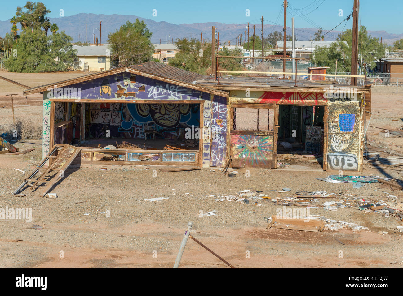 Vandalized, abandoned house in the city of Bombay Beach, near the