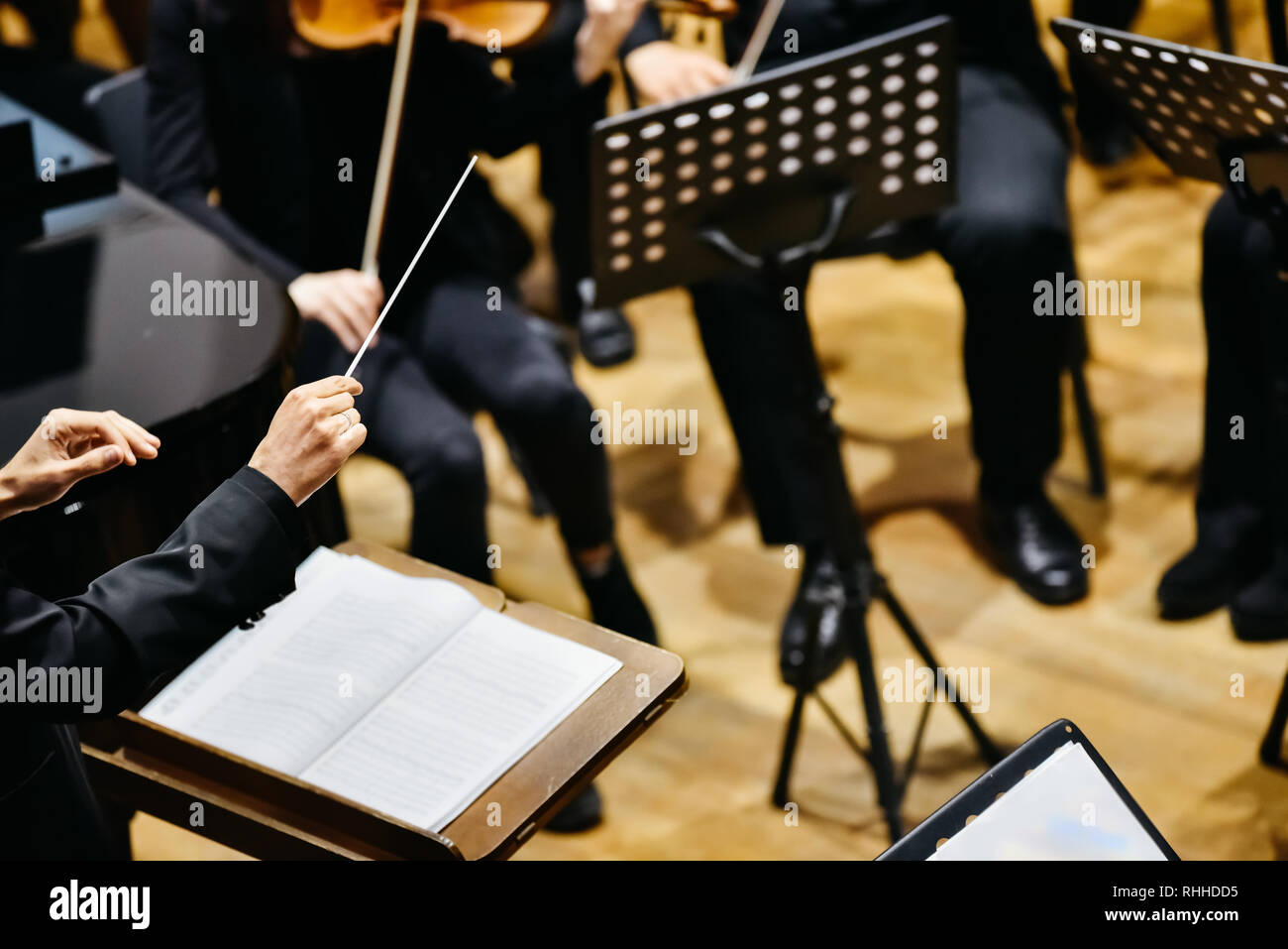 Orchestra conductor from behind directing his musicians during a