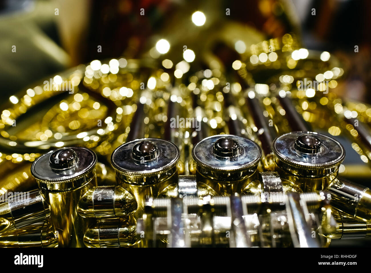 Closeup of the keys and valves of a French horn Stock Photo Alamy