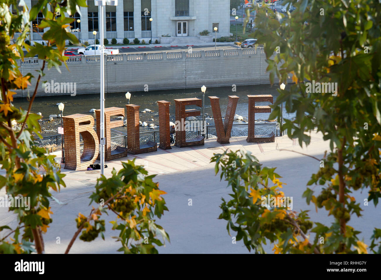 The 'Believe' sculpture, created by Jeff Schomberg and Laura Kimpton for the 2013 Burning Man festival, now stands in City Plaza, downtown Reno, Nevad Stock Photo