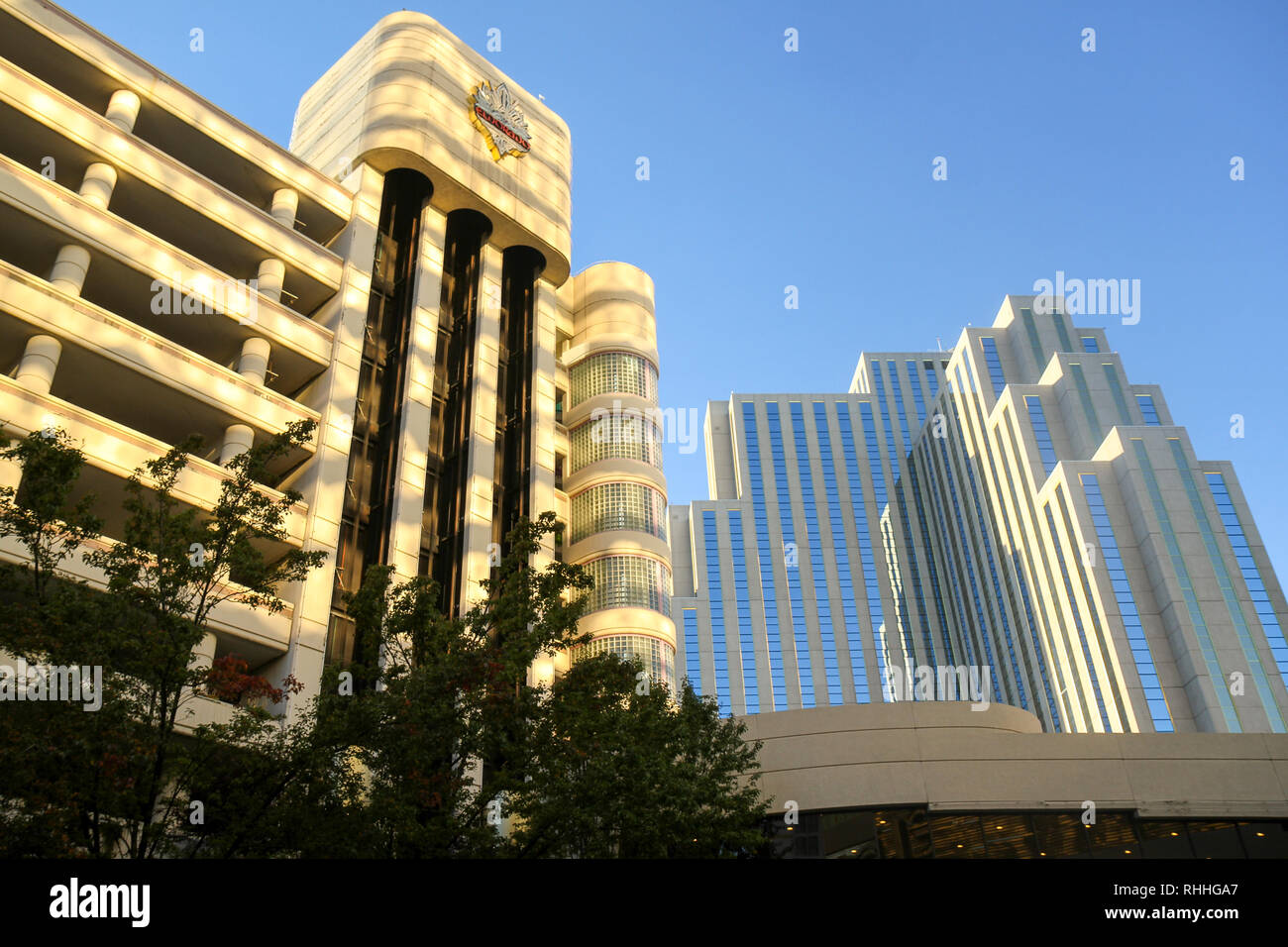 Eldorado Resort Casino (left) and Silver Legacy Resort Casino, Downtown Reno, Nevada, United States Stock Photo