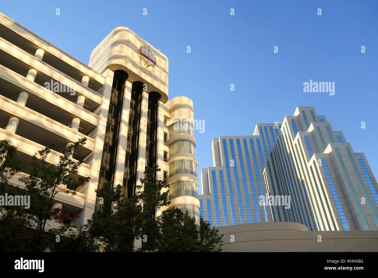 Eldorado Resort Casino (left) and Silver Legacy Resort Casino, Downtown Reno, Nevada, United States Stock Photo