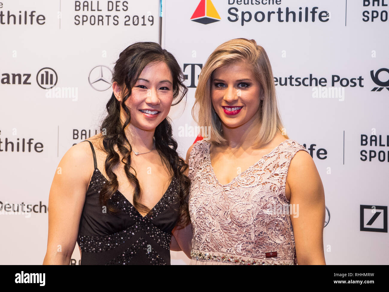 Wiesbaden, Germany. 02nd Feb, 2019. Kim Bui and Elisabeth Seitz, gymnasts,  are standing in front of the sponor wall. The 49th Ball des Sports with  1800 guests from sport, politics and economy