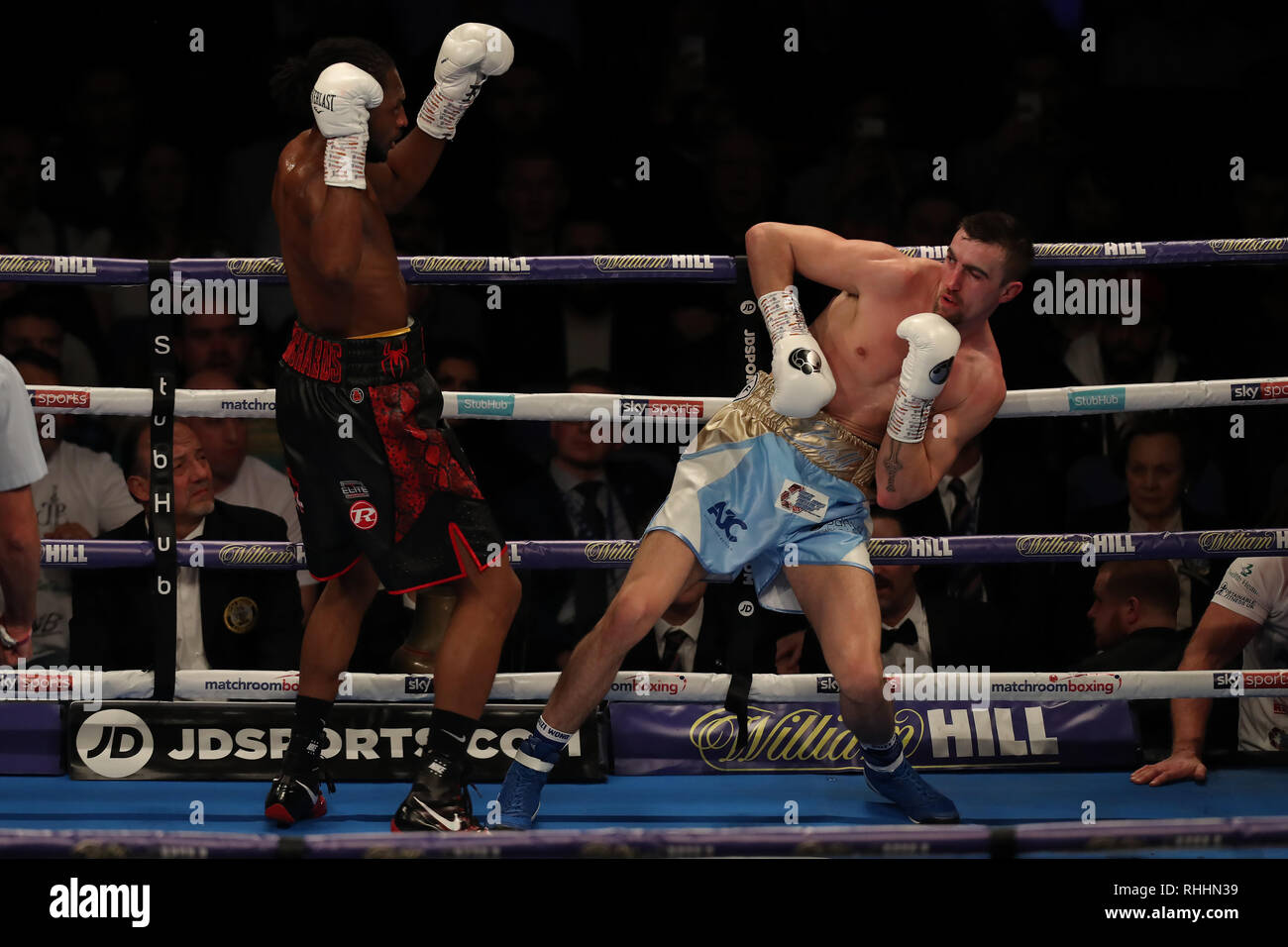 London, UK. 2nd Feb 2019. Boxing, European Super-Welterweight Championship, Sergio Garcia versus Ted Cheeseman; Jake Ball desperately tries to avoid Craig Richards punches Credit: Action Plus Sports Images/Alamy Live News Stock Photo