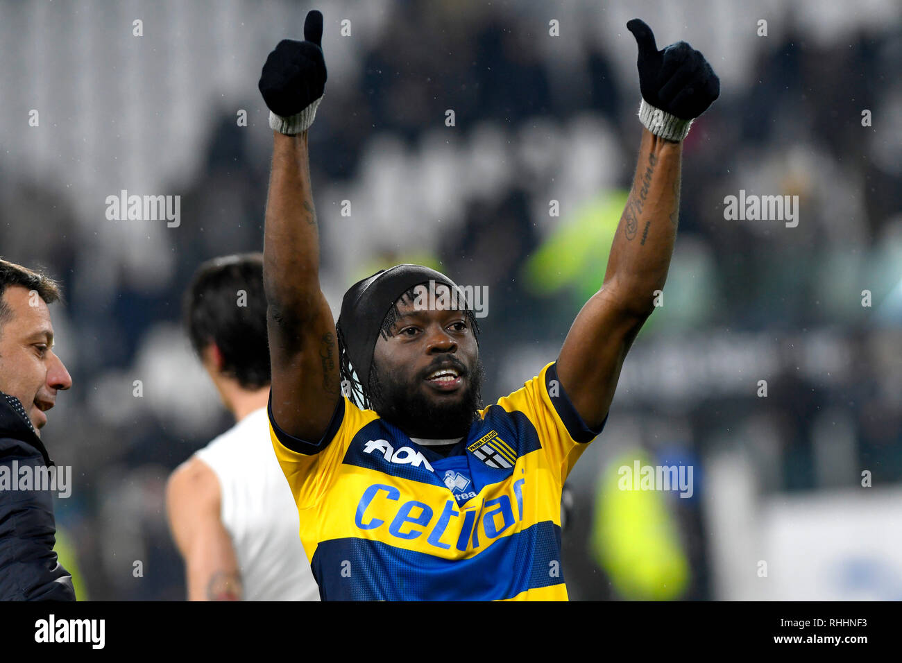 Allianz Stadium, Turin, Italy. 2nd Feb, 2019. Serie A football, Juventus versus Parma; Gervinho of Parma celebrates with the supporters after drawing 3-3 with Juventus Credit: Action Plus Sports/Alamy Live News Stock Photo