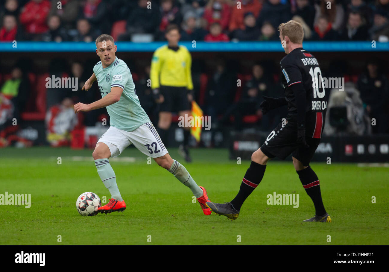 Leverkusen, Germany. 2nd Feb 2019. Bundesliga, matchday 20, Bayer 04  Leverkusen vs FC Bayern Muenchen: Joshua Kimmich (FCB), Julian Brandt (B04)  in competition. Credit: Juergen Schwarz/Alamy Live News Stock Photo - Alamy