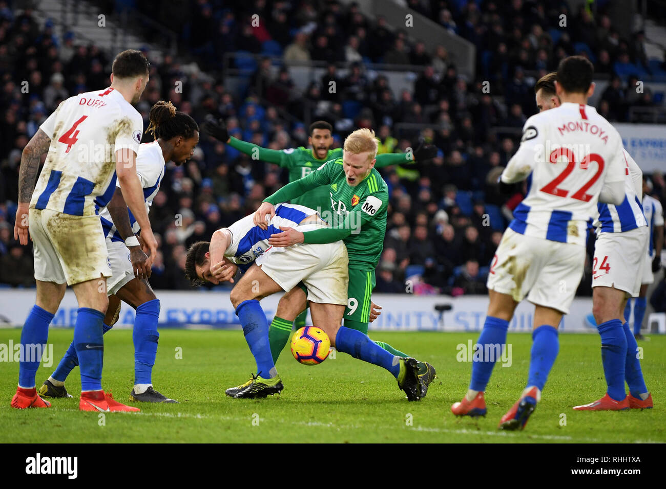 Will Hughes of Watford and Lewis Dunk of Brighton & Hove Albion battle for the ball - Brighton & Hove Albion v Watford, Premier League, Amex Stadium, Brighton - 2nd February 2019  Editorial Use Only - DataCo restrictions apply Stock Photo