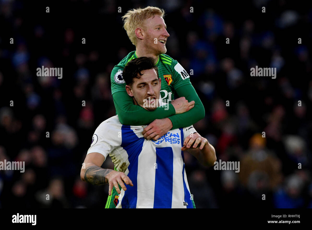 Will Hughes of Watford and Lewis Dunk of Brighton & Hove Albion - Brighton & Hove Albion v Watford, Premier League, Amex Stadium, Brighton - 2nd February 2019 Editorial Use Only - DataCo restrictions apply Stock Photo