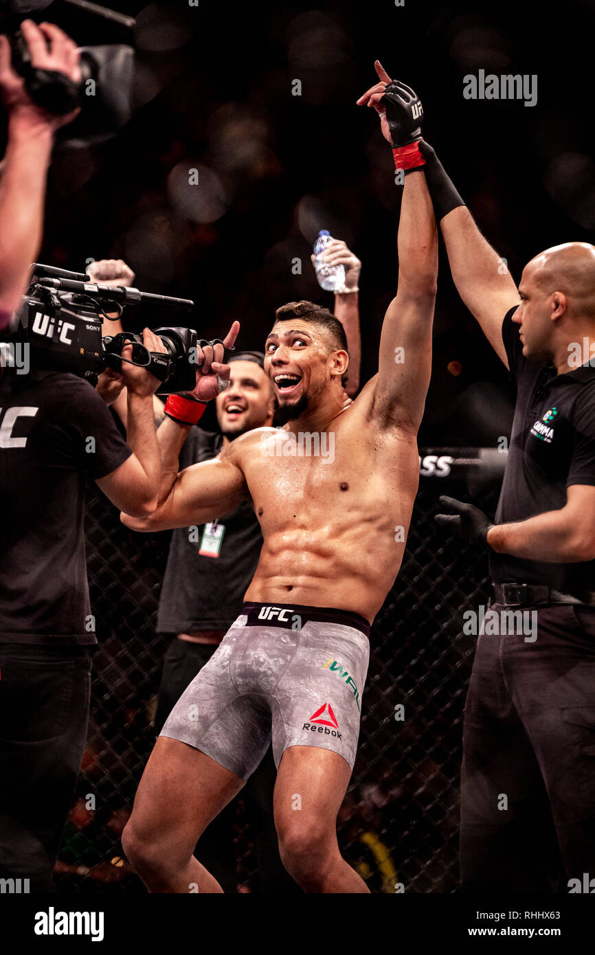 Gymnast kat regio Fortaleza, Brazil. 2nd Feb 2019. Johnny Walker celebrates victory for the  Heavyweight category in the main card of UFC Fortaleza held at Gin Sio of  the Centro de Formacao Olimpica do Nordeste (