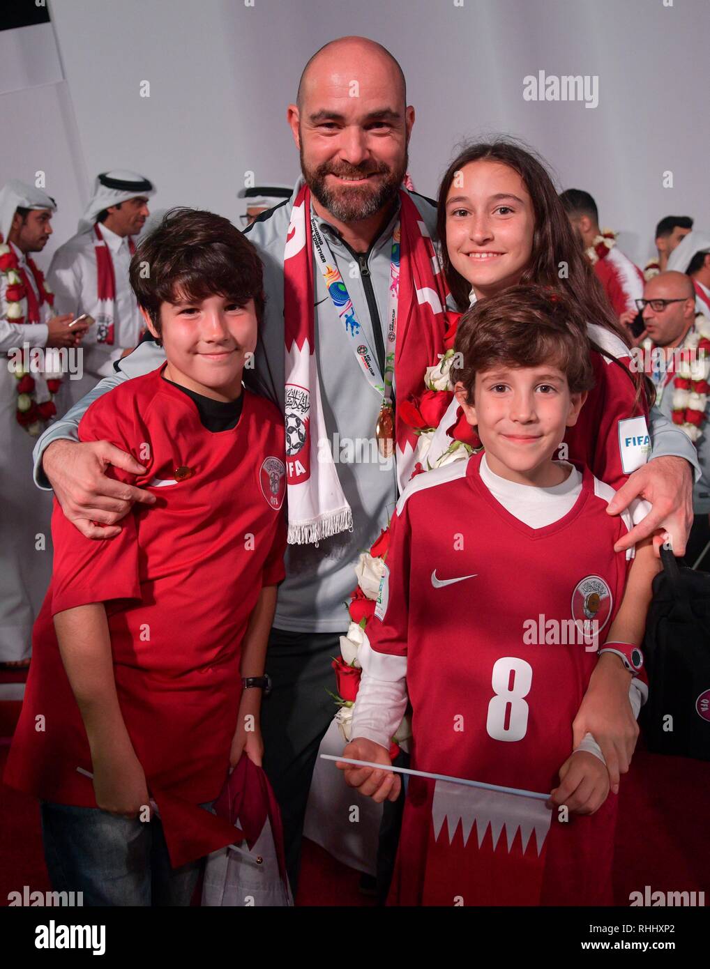 Doha, Qatar. . 2nd Feb, 2019. Qatar national soccer team coach Felix Sanchez  Bas of Spain poses with his children for a photo upon arrival at Doha  International Airport in Doha, Qatar