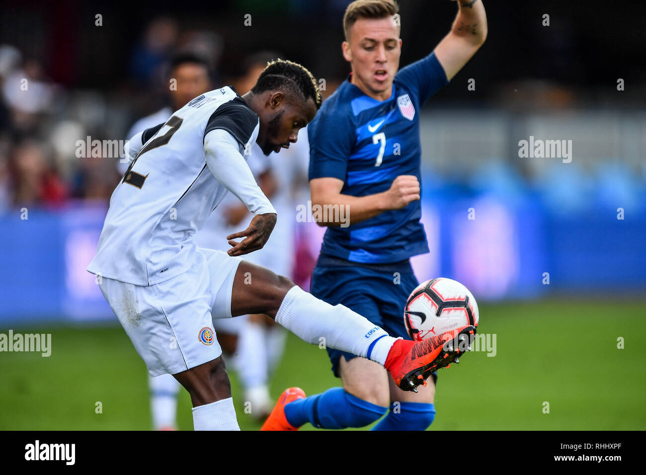 San Jose, California, USA. 2nd Feb, 2019. Costa Rica defender Waylon Francis (12) in action during the international friendly soccer match between Costa Rica and the United States at Avaya Stadium in San Jose, California. Chris Brown/CSM *** Corrects an earlier version filed under an incorrect headline Credit: csm/Alamy Live News Stock Photo