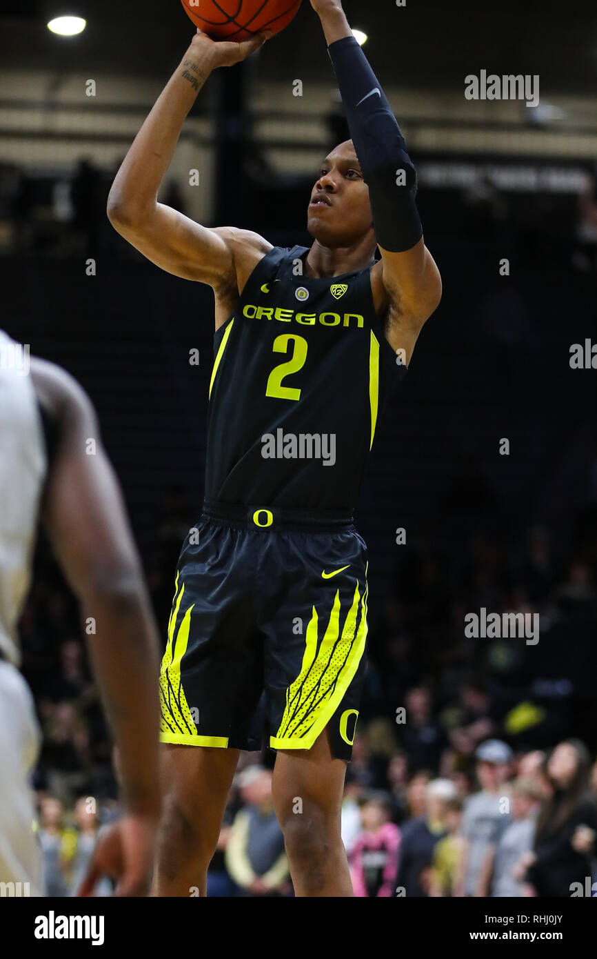 Colorado,  USA. 2nd Feb, 2019. Oregon Ducks forward Louis King (2) puts up a shot against Colorado in the first half at the Coors Events Center in Boulder, CO. Derek Regensburger/CSM/Alamy Live News Stock Photo