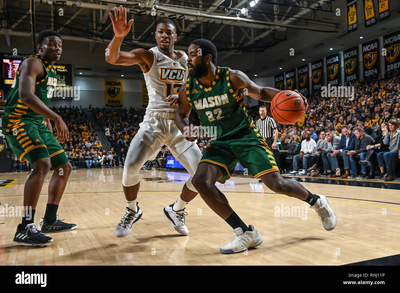 Richmond, Virginia, USA. 2nd Feb, 2019. George Mason Guard IAN BOYD (32) drives to the basket against MALIK CROWFIELD (13) during the game held at the Siegal Center Center in College Park, Maryland. Credit: Amy Sanderson/ZUMA Wire/Alamy Live News Stock Photo
