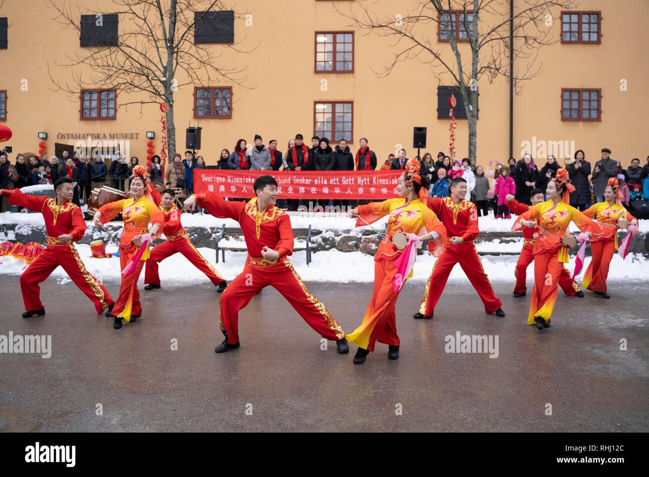 Stockholm, Sweden. 2nd Feb, 2019. Dancers perform traditional Chinese dances to celebrate the upcoming Chinese New Year in Stockholm, Sweden, Feb. 2, 2019. Credit: Wei Xuechao/Xinhua/Alamy Live News Stock Photo