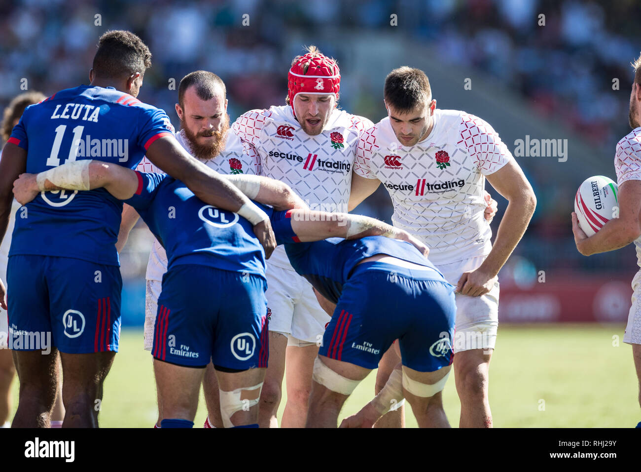 Sydney, Australia. 3rd Feb 2019. England scrum during the 2019 HSBC Sydney 7s at Sydney Olympic Park, Sydney, Australia on 3 February 2019. Photo by Peter Dovgan. Credit: UK Sports Pics Ltd/Alamy Live News Stock Photo