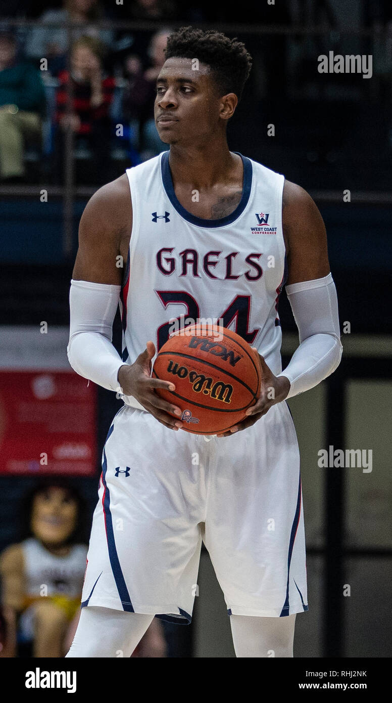 McKeon Pavilion Moraga Calif, USA. 02nd Feb, 2019. U.S.A. St. Mary's forward Malik Fitts (24) looks to pass the ball during the NCAA Men's Basketball game between San Francisco Dons and the Saint Mary's Gaels 86-80 win at McKeon Pavilion Moraga Calif. Thurman James/CSM/Alamy Live News Stock Photo