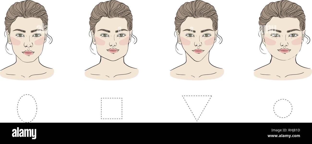 different female face shapes with different hairstyle. There are oval, square, round, long, diamond and triangle. Vector illustration. - Vector illust Stock Vector