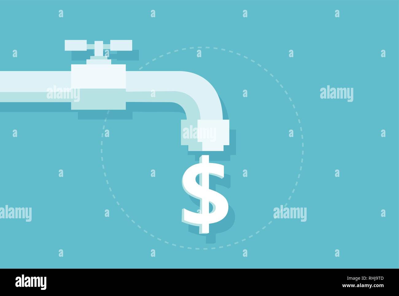 Tap water costs and savings concept. Vector of money dollar sign flowing from faucet isolated on blue background Stock Vector