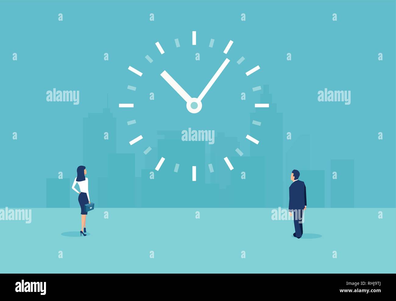 Time management and efficiency concept. Vector of a businessman and a businesswoman looking at a clock on the wall Stock Vector