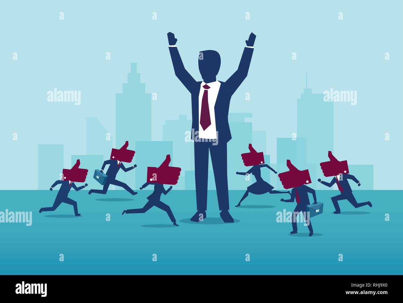 Influencer marketing and leadership concept. Vector of a powerful, successful buisnessman being liked by busy crowd of people Stock Vector