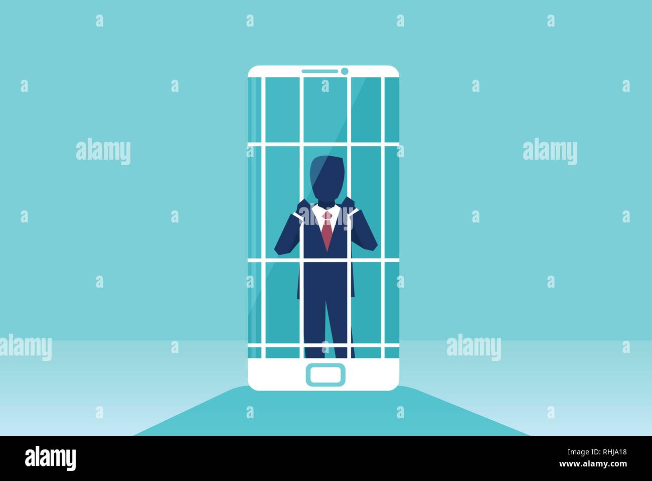 Mobile phone prisoner and addiction concept. Vector of a businessman addicted to cellphone. Unhappy character inside smart phone, as symbol of danger  Stock Vector