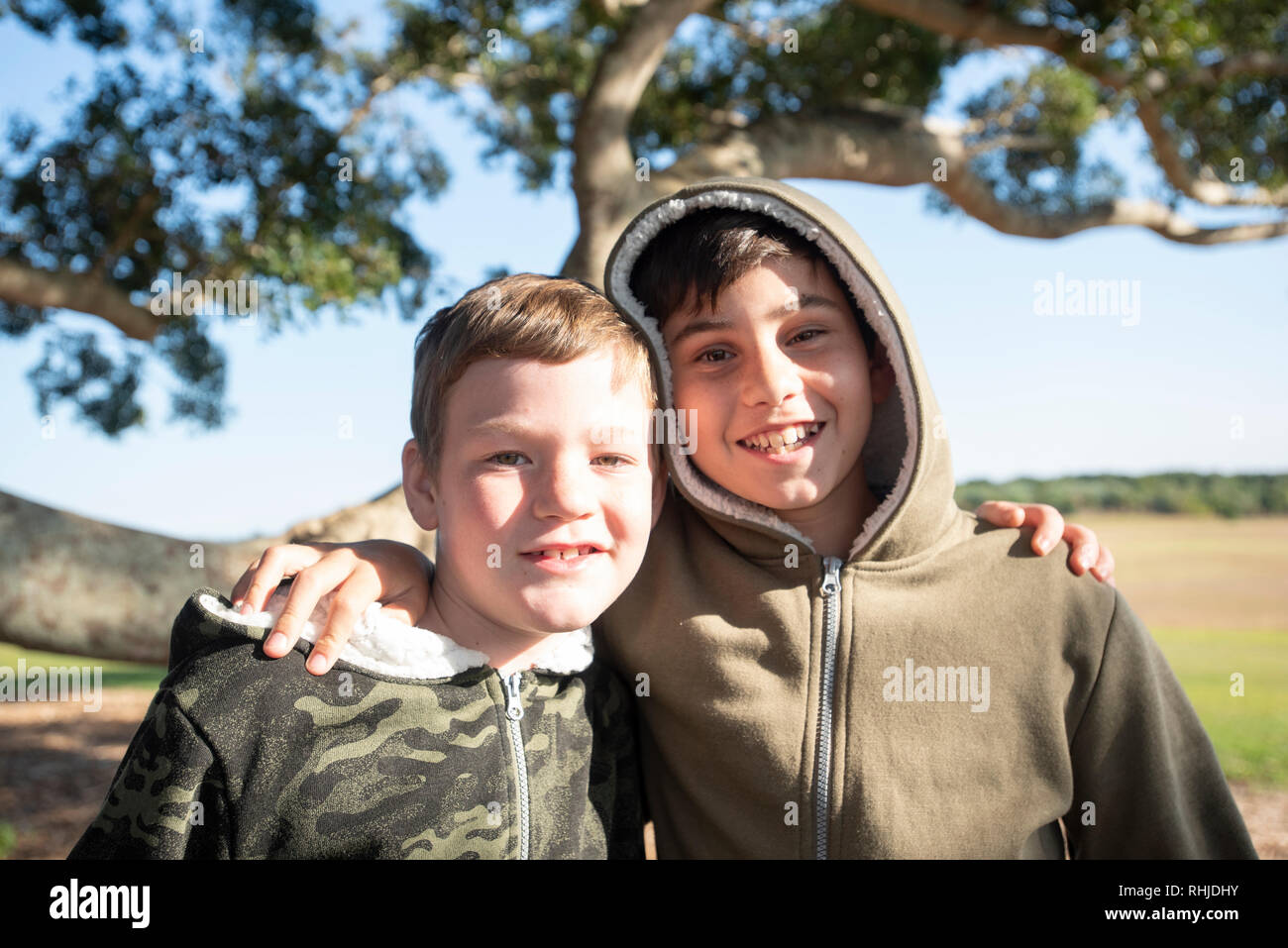 Two young boys under a tree, Wollongbar, New South Wales, Australia