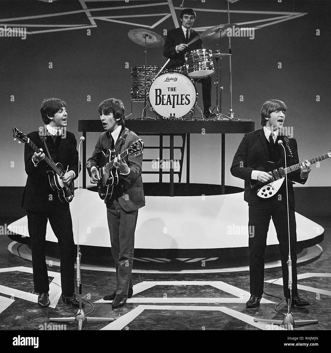 The Beatles television performance in Hiilegom, South Holland on June 5, 1964 at the beginning of their 1964 World Tour, just after performing in Copenhagen. Jimmie Nicol sat in for drummer Ringo Starr for a two week period while Ringo was out with tonsillitis. Stock Photo