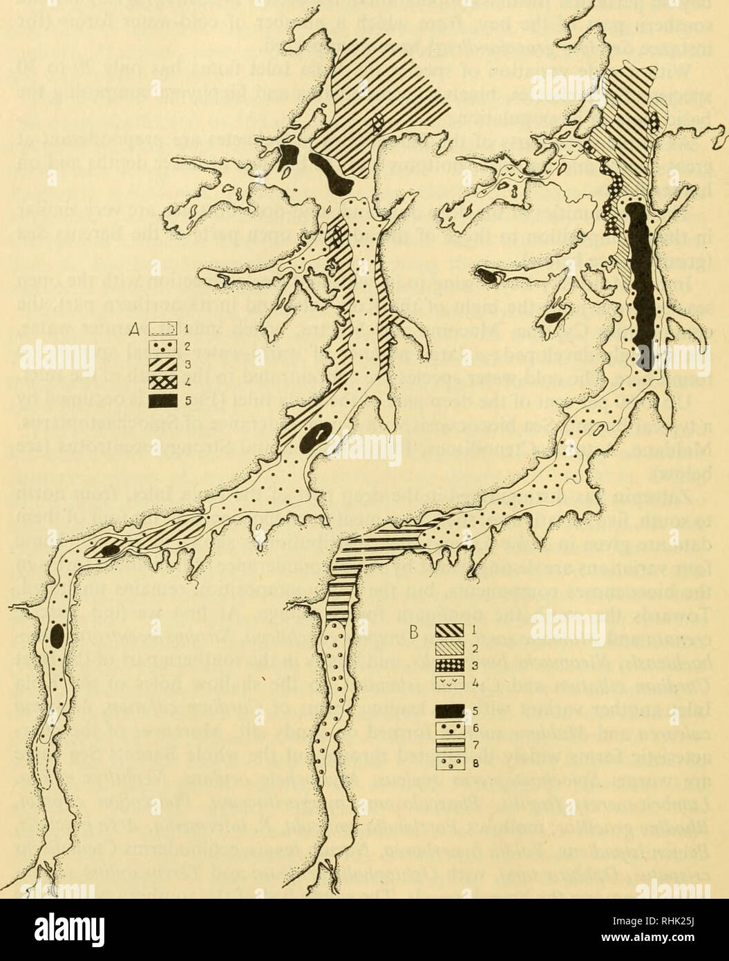 . Biology of the seas of the U.S.S.R. Marine biology -- Soviet Union; Hydrology -- Soviet Union. Fig. 49. Chart of Kola Inlet showing distribution of total benthos biomass and main bottom biocoenoses (Zatzepin): A Biomass: 7 25; 2 25 to 50; 5 50 to 100; 4 100 to 150; 5 150 g/m2 and over. ? Bottom biocoenoses: / Astarte-Maldane; 2 Porifera-Brachiopoda-Bryozoa; 3 Ascidia obliqua; 4 Maldane-???^?? ciliatum; 5 Maldane-Astarte; 6 Astarte-Onuphis; 7 Strongylocentrotus-Nicomache; 8 Cardium-Scolopolos-Pectinaria.. Please note that these images are extracted from scanned page images that may have been  Stock Photo