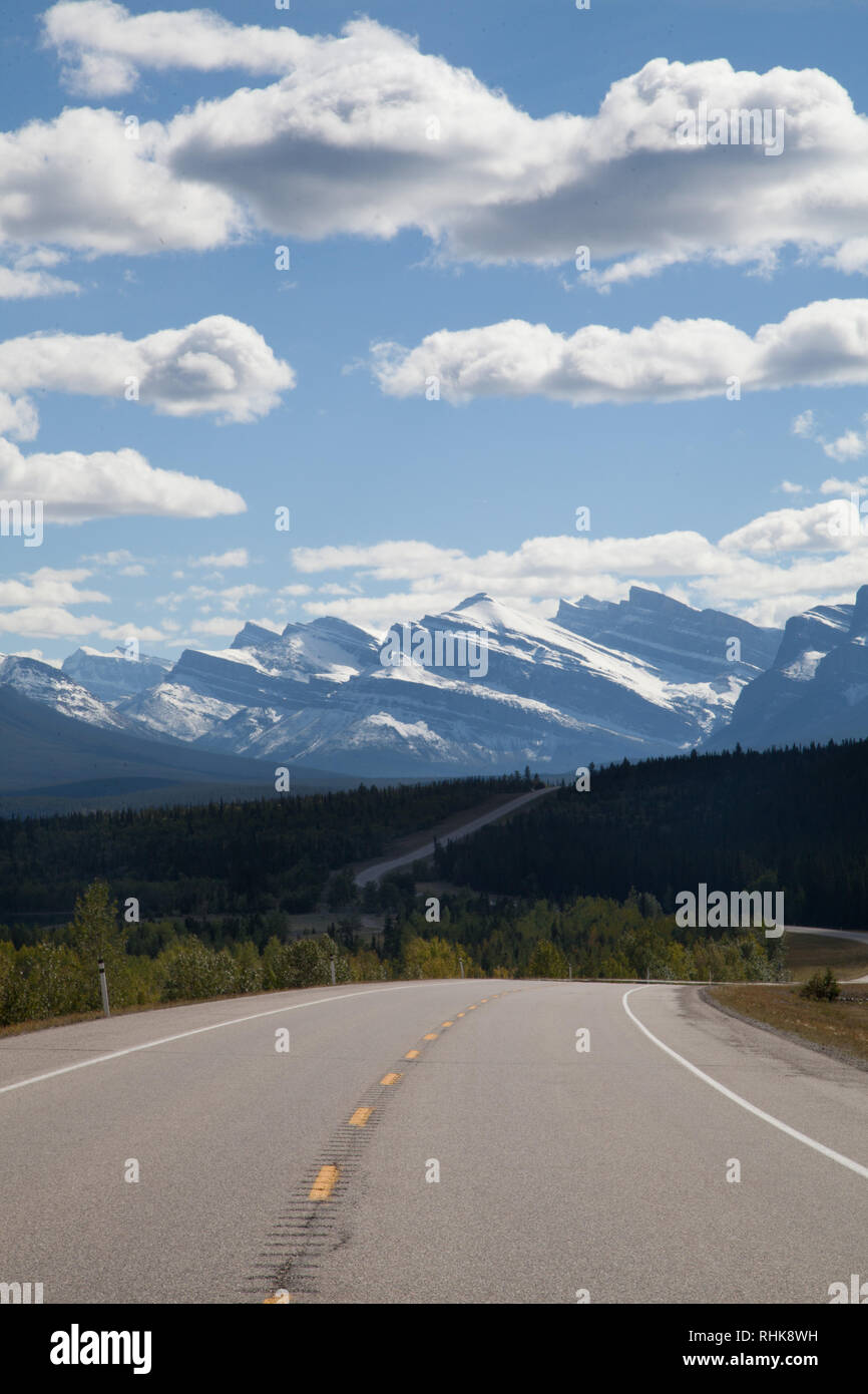 David Thompson Highway, heading towards the Rocky Mountains, Alberta Canada Stock Photo