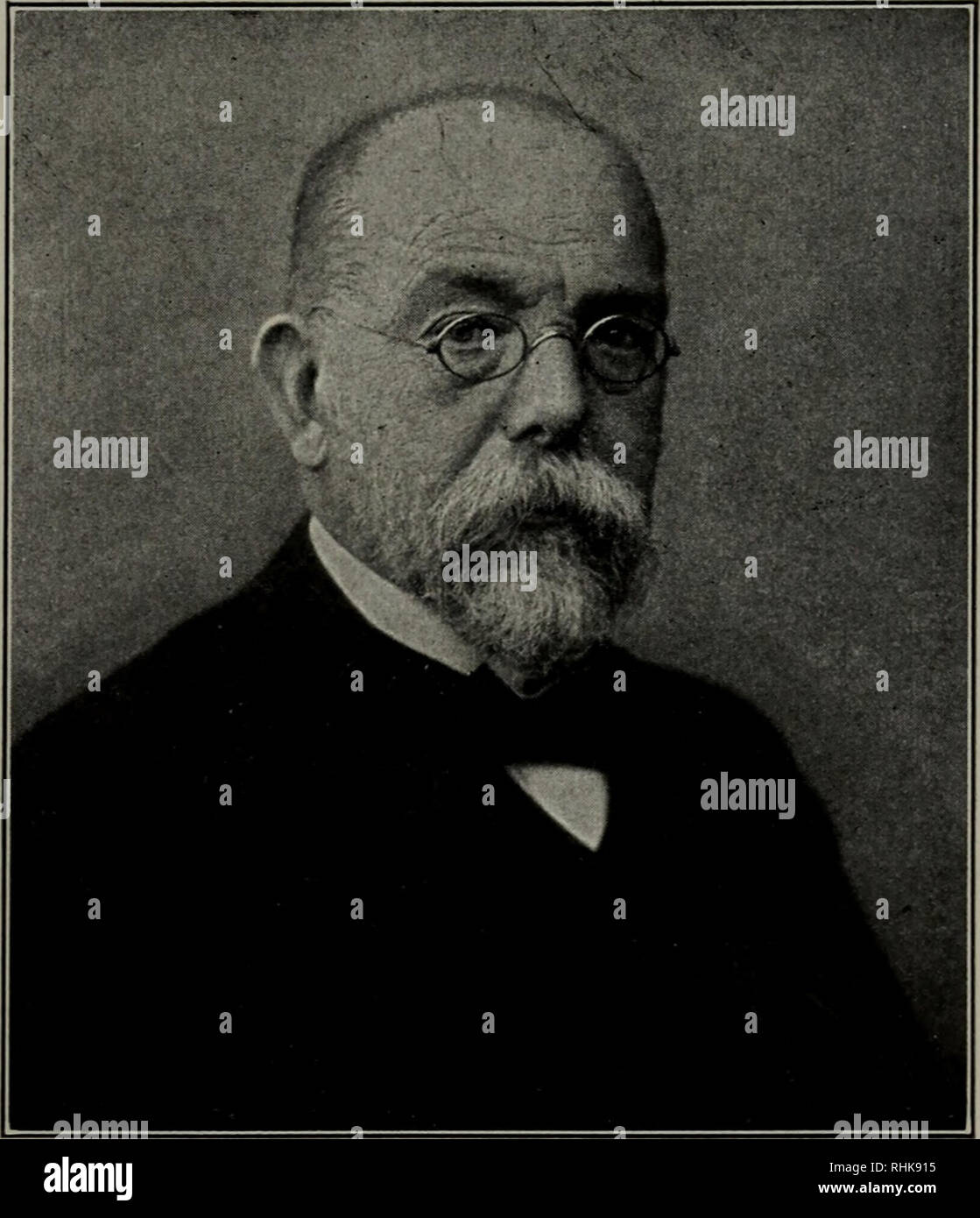 . Biology and its makers. Biology. PASTEUR, KOCH, AND OTHERS 3QI First, that a microscopic organism of a particular type should be found in great abundance in the blood and the tissue of the sick animal; second, that a pure culture should be made of the suspected organism; third, that this pure culture, when introduced into the body of another animal, should produce. Fig. 93.—Robert Koch, 1843-1910. the disease; and, fourth, that in the blood and tissues of that animal there should be found quantities of the particular organism that is suspected of producing the disease. In the case of some di Stock Photo