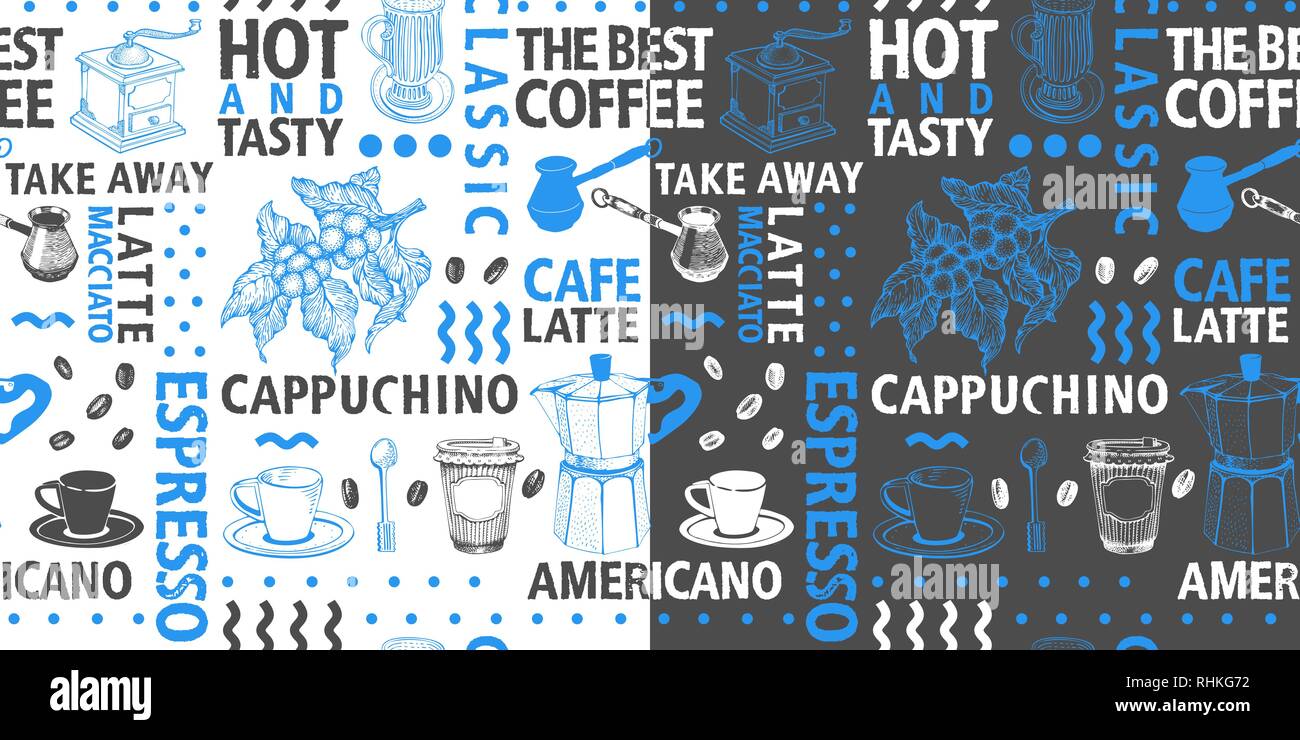 Typographic vector coffee seamless pattern on light and dark background ...