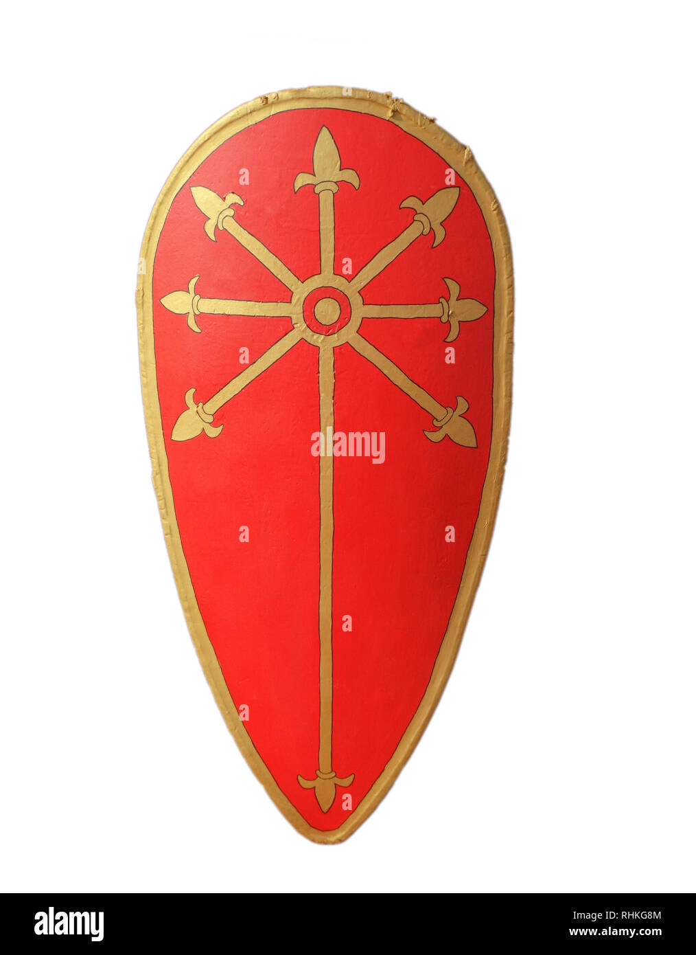 Tear-drop Norman Red Kite Shield decorated with fleur-de-lis, Templar symbol Stock Photo
