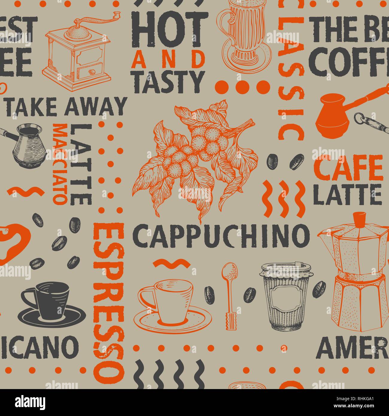 Typographic vector coffee seamless pattern on craft background. Types ...