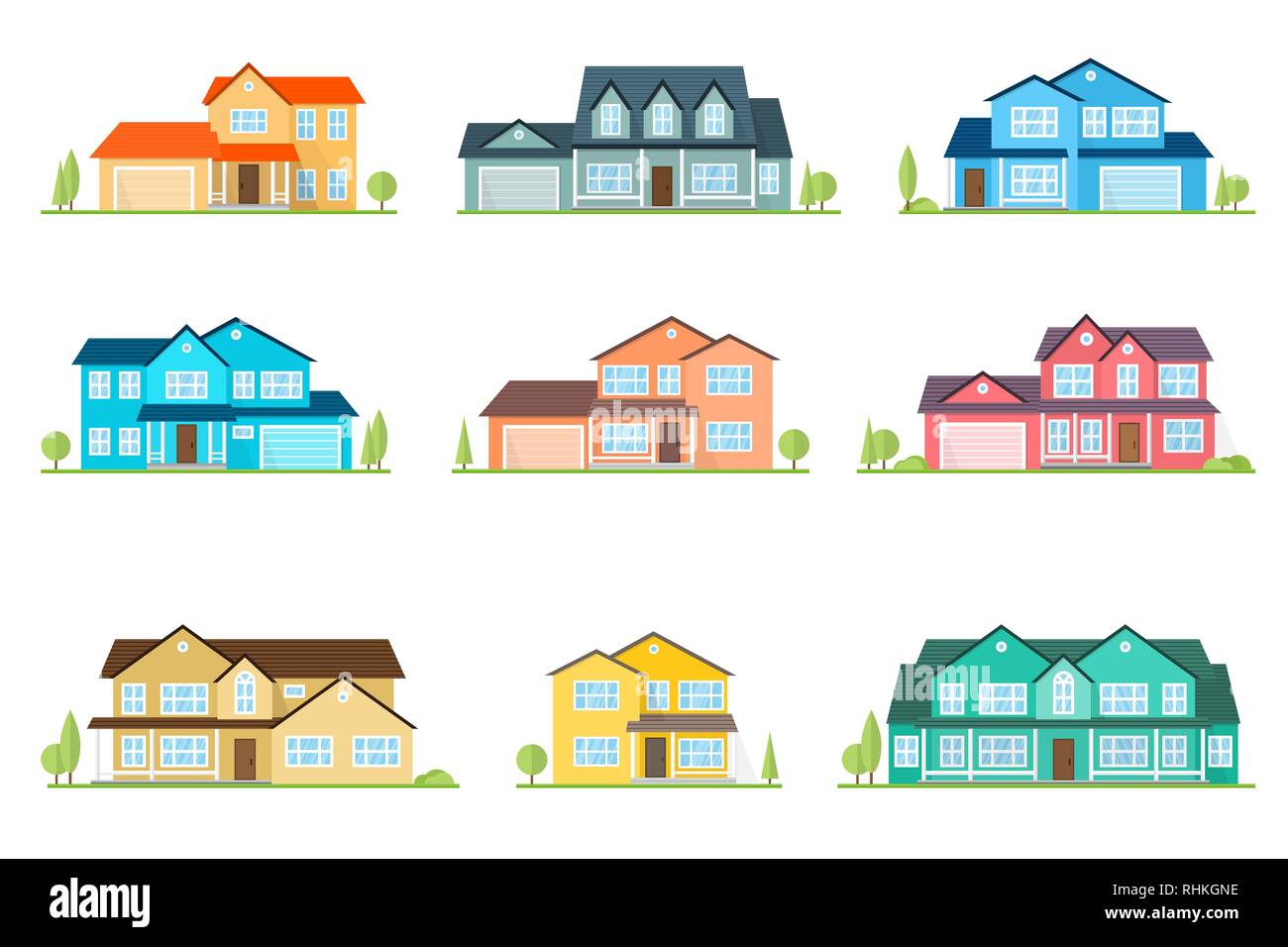 Set of vector flat icon suburban american house. For web design and application interface, also useful for infographics. Family house icon isolated on white background. Home facade with color roof Stock Vector