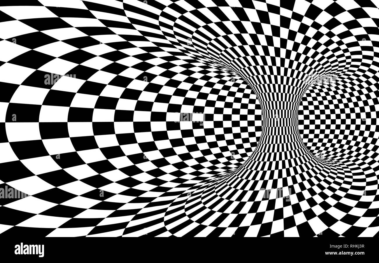 Abstract Wormhole Tunnel. Black and white square optical illusion. Abstract chess illusion background. Vector illustration Stock Vector