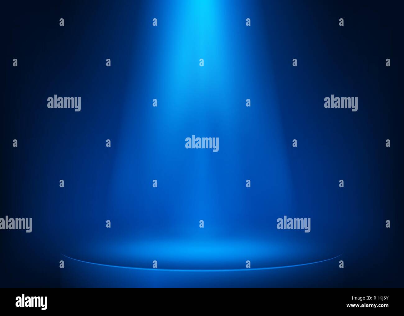 Blue scene illuminated spotlight. Show spotlight background. Light beam on blue stage. Vector illustration Stock Vector