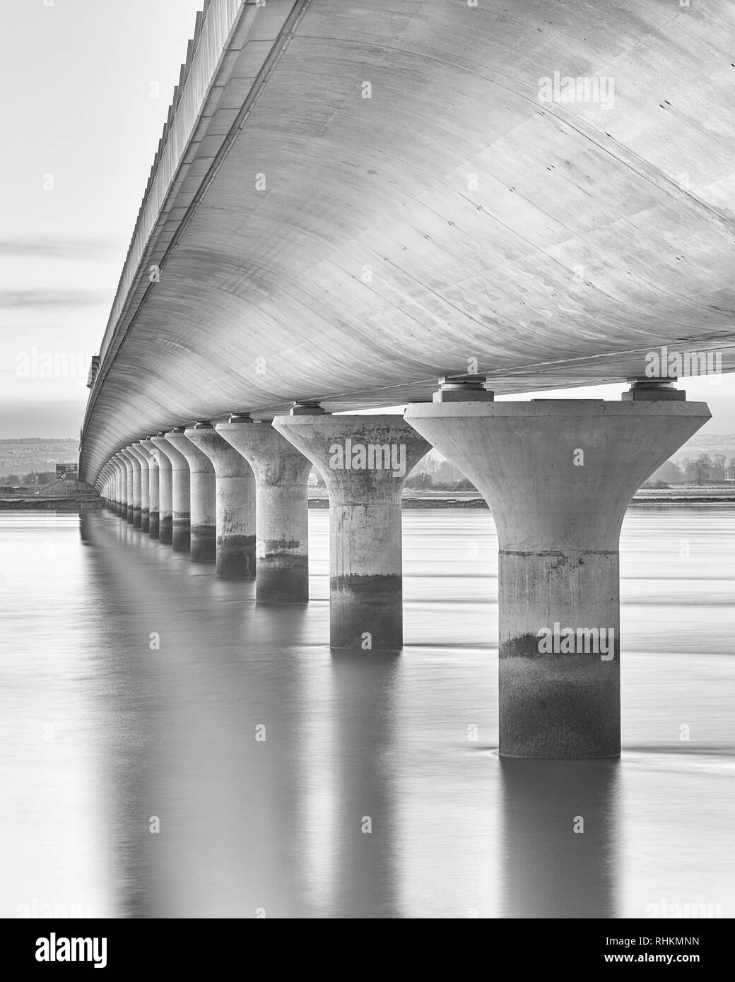 The Clackmannanshire Bridge viewed from the Fife / Clackmannanshire side, Scotland.  Long exposure black and White Stock Photo