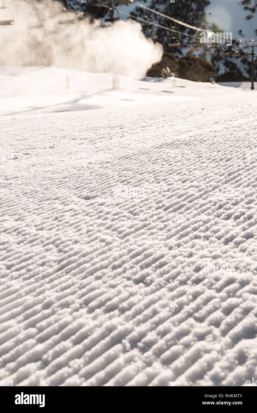 groomed snow in the morning, the corduroy Stock Photo