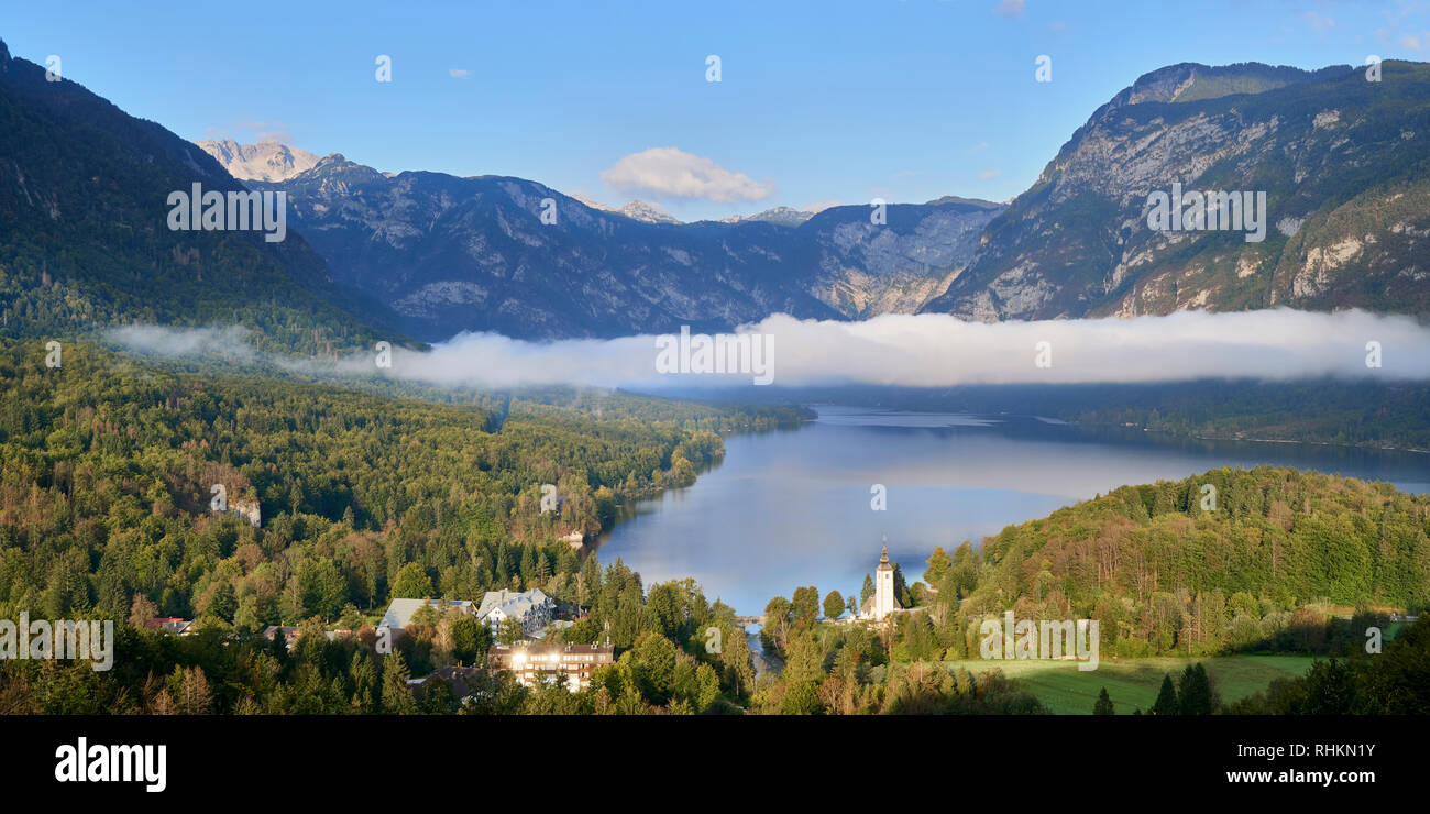 Panoramiv view over Ribcev Laz and Lake Bohinj to the Julian Alps, Bohinj, Gorenjska, Slovenia Stock Photo
