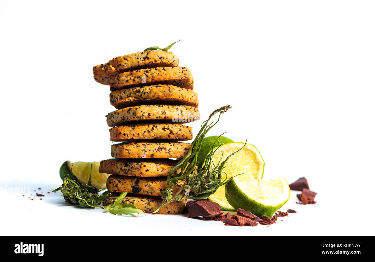 Integral cookies with marijuana and chia seeds on white Stock Photo