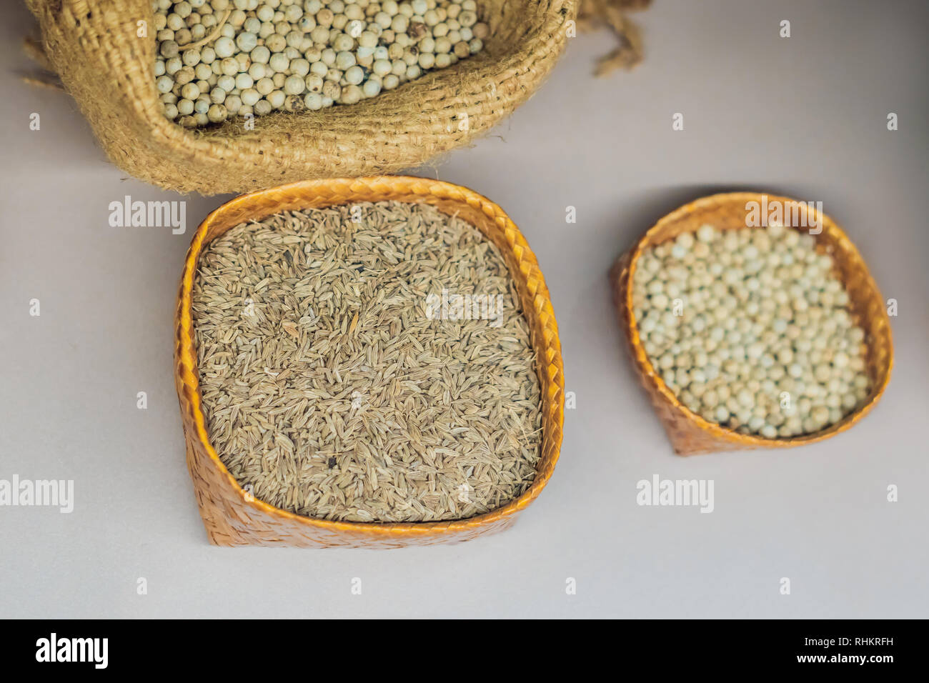 Different kinds of spices of Malay Asian cuisine in bags Stock Photo