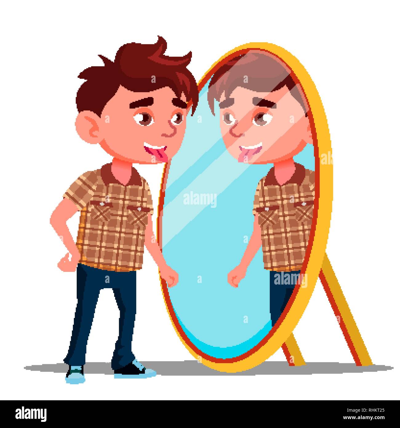 Boy Shows Tongue In His Reflection In The Mirror Vector. Isolated