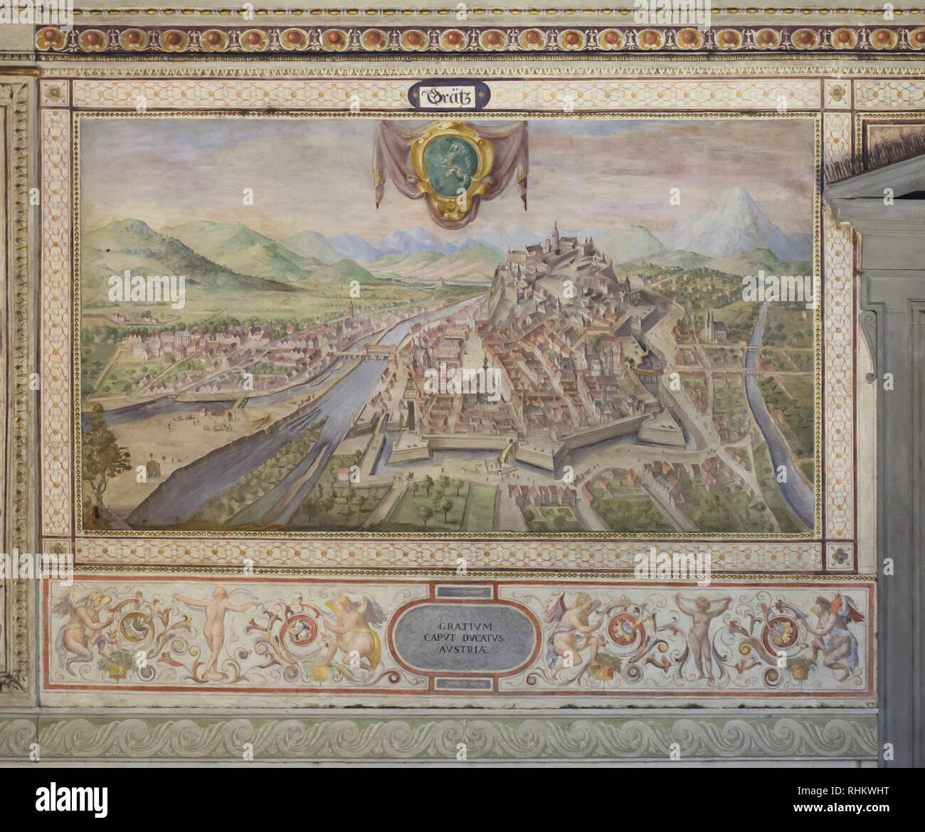 View of the Austrian city of Graz depicted in the mural painting by Bastiano Lombardi, Cesare Baglioni and Turino Piemontese in the First Courtyard (Primo cortile) in the Palazzo Vecchio in Florence, Tuscany, Italy. Stock Photo