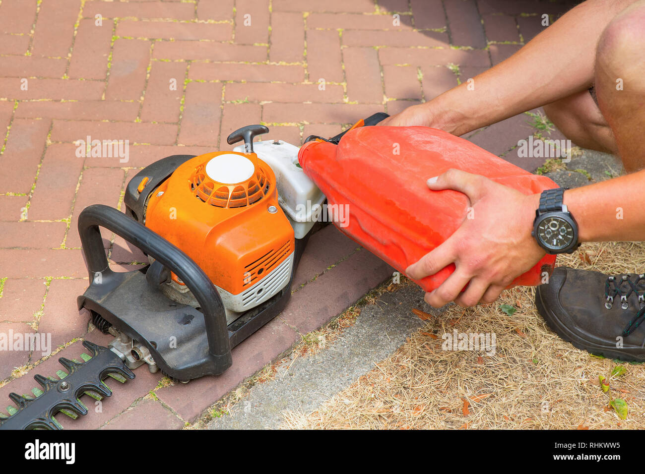 Male gardener filling hedge trimmer with fuel Stock Photo